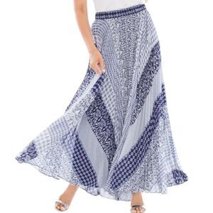 Chico's Women's Sz M Coastal Blue Long Lined Maxi Nautical Skirt Pleated Resort